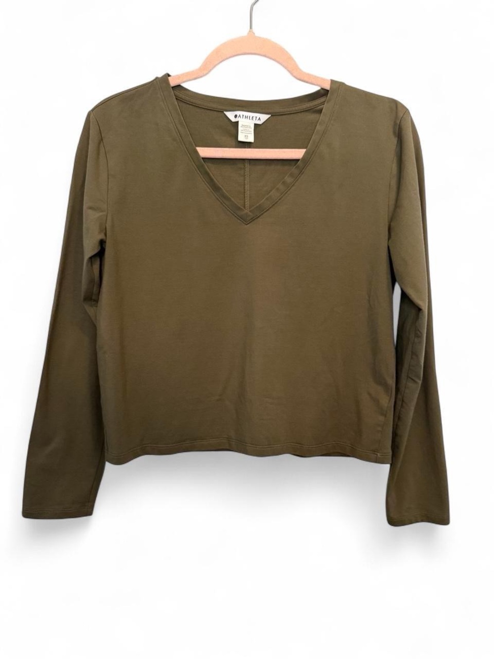 Athleta Olive Green V-Neck Long Sleeve Cropped Top Tee Size XS Fall Basic